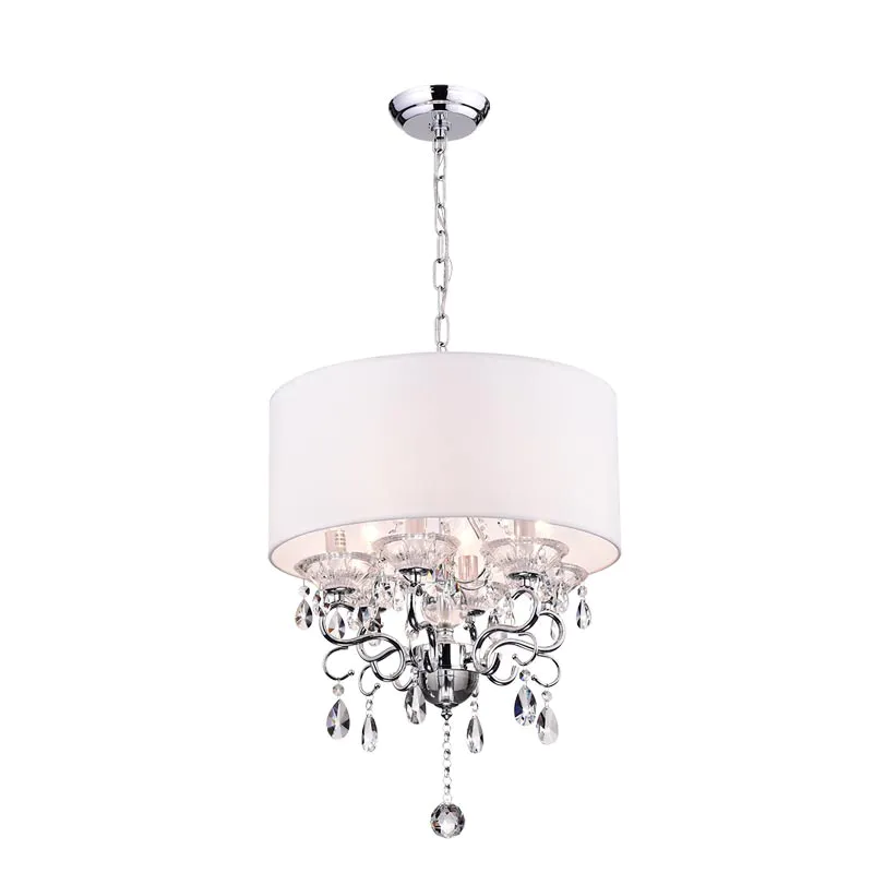 IM Lighting 6-light white fabric round drum shade chrome finish crystal chandelier ceiling fixture glam Lighting
