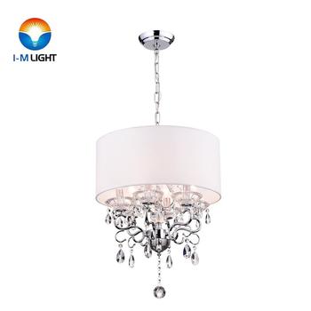 IM Lighting 6-light white fabric round drum shade chrome finish crystal chandelier ceiling fixture glam Lighting